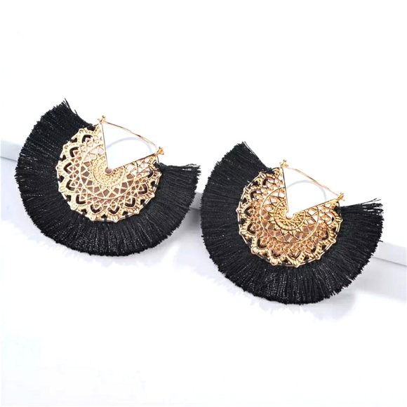 New Gold Black Filigree Silk Hoop Earrings - Picture 1 of 5